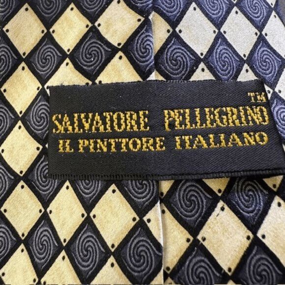 Salvatore Pellegrino Men's Diamond Spiral Silk Neck Tie Black Cream - Picture 3 of 8